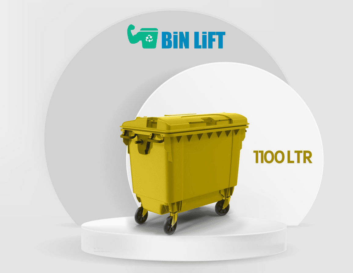 حاوية نفايات بلاستيك بأربع عجلات وغطاء مسطح (1100 لتر، أصفر)