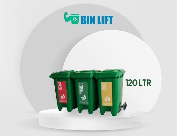 Green 120 ltr Plastic 3-In-1 Recycling Waste Bin W/Wheels & Pedal | Bin Lift - Qatar