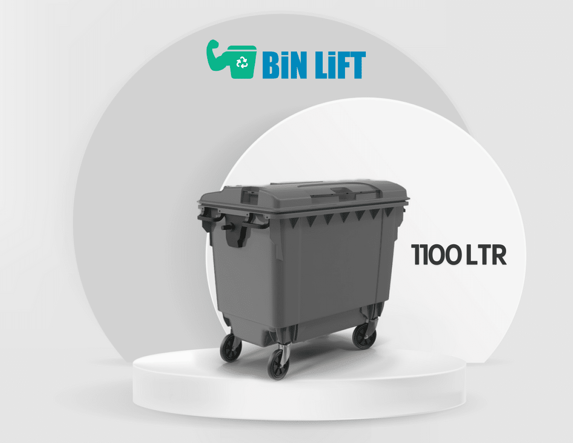 حاوية نفايات كبيرة بأربع عجلات وغطاء مسطح (1100 لتر، رمادي)