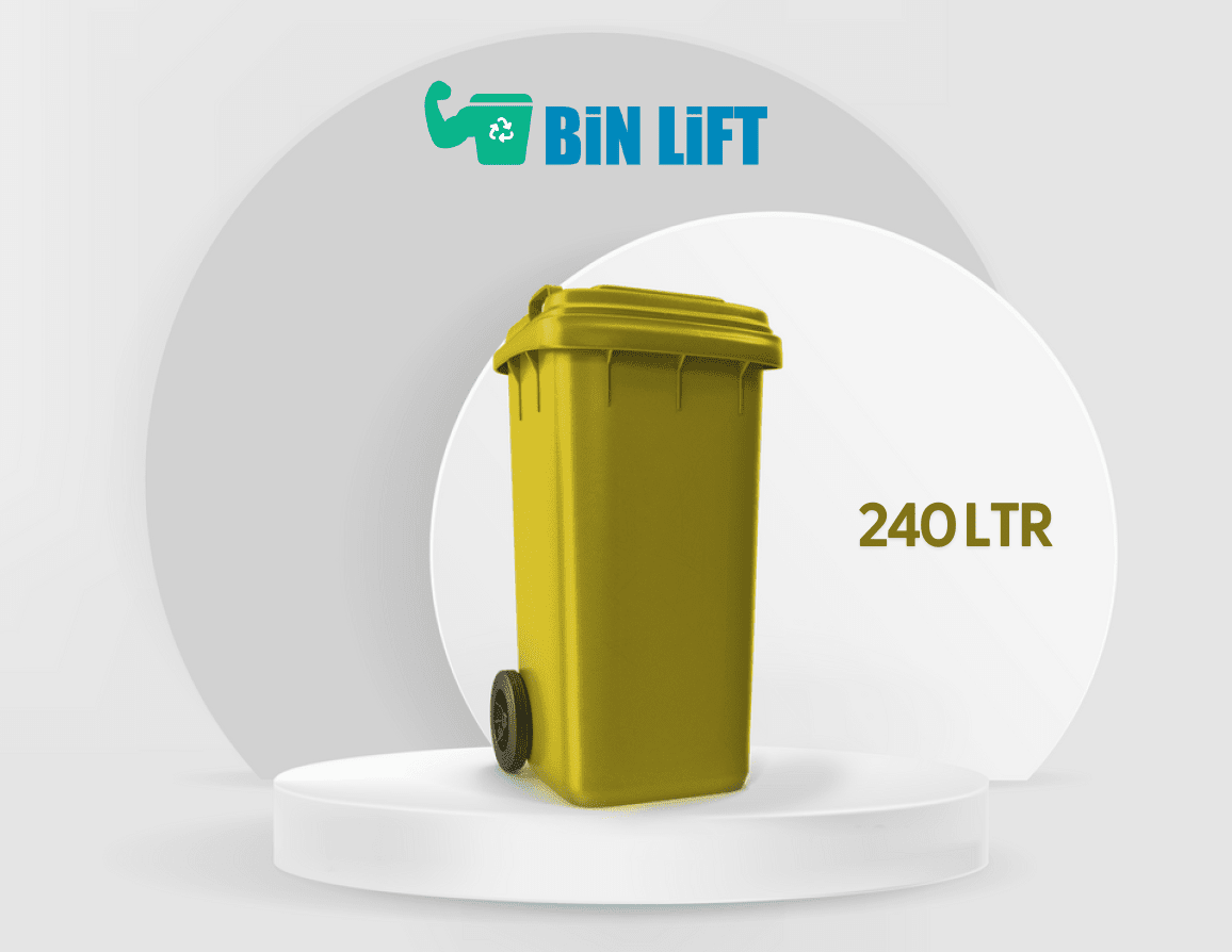 صندوق قمامة بلاستيك بعجلتين مع غطاء ودواسة (240 لتر، أصفر)