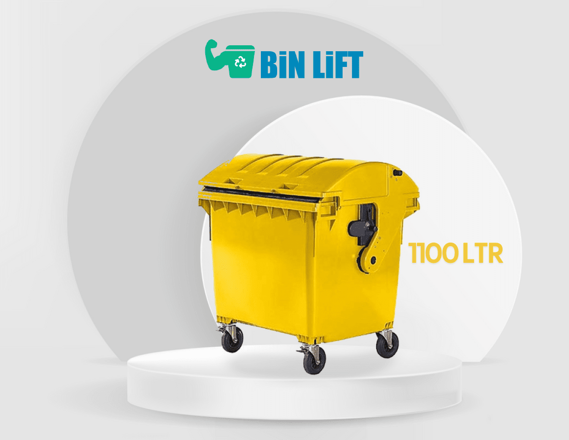 حاوية نفايات كبيرة بأربع عجلات وغطاء مقبب (1100 لتر، أصفر)