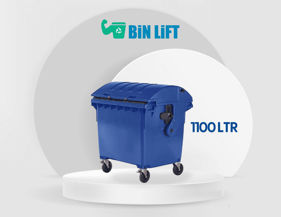 حاوية نفايات كبيرة بأربع عجلات وغطاء مقبب (1100 لتر، أزرق)