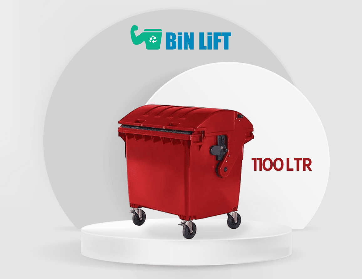 حاوية نفايات كبيرة بأربع عجلات وغطاء مقبب (1100 لتر، أحمر)