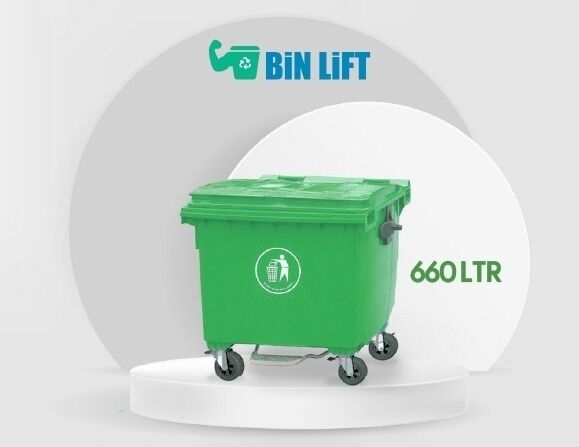 حاوية نفايات كبيرة بلاستيك بأربع عجلات وغطاء (660 لتر، أخضر)